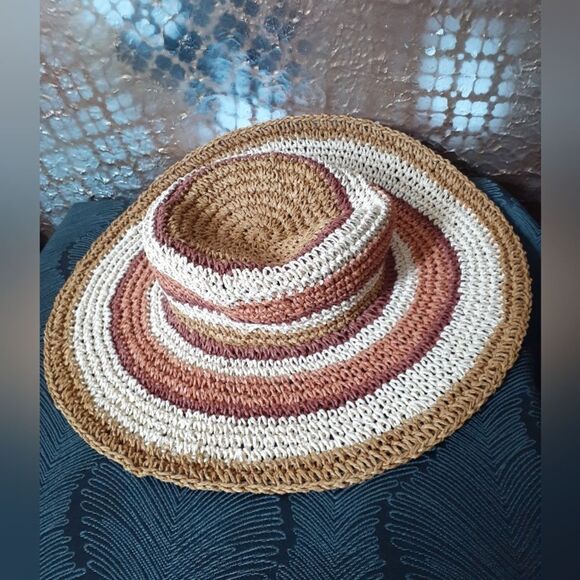 Zara Raffia Straw Striped Tan and Brown Floppy Sun Hat - Picture 5 of 14
